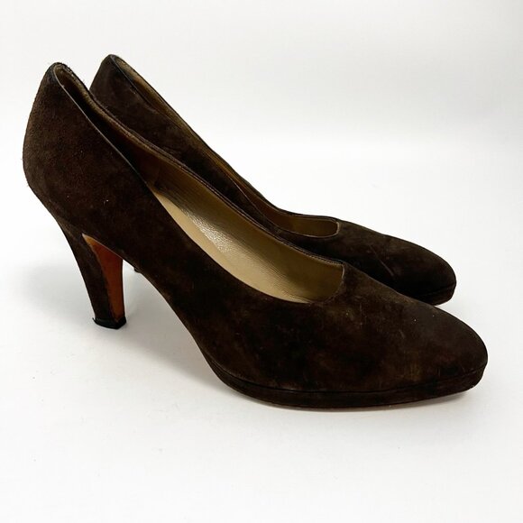 Salvatore Ferragamo Suede Leather Heels Pumps Brown Vintage Shoes Womens Sz 9 B - Picture 2 of 10
